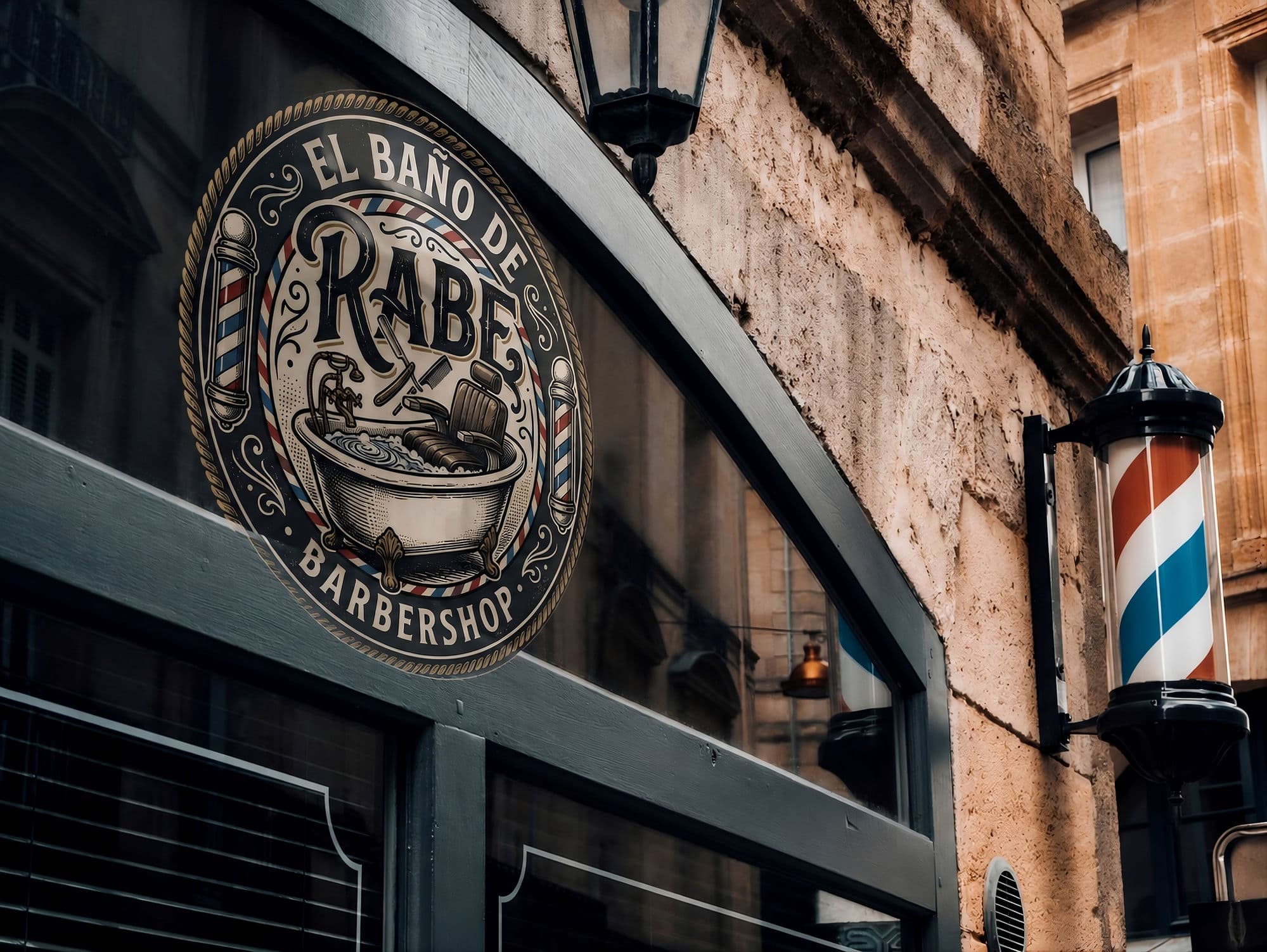 Cartel colgante de El Baño de Rabe Barbershop junto a un barber pole